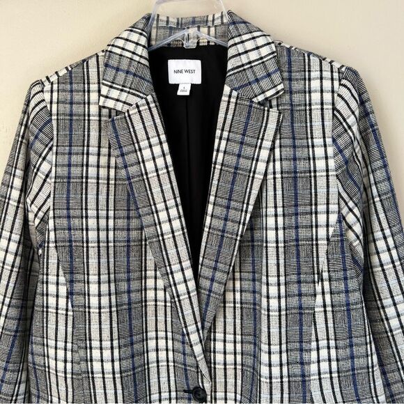 Nine West Long Lined Academia Black Plaid Multicolor Poly Wool Blend Blazer XL - Picture 4 of 14